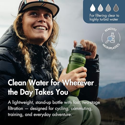 Katadyn BeFree AC Bottle 0.7L Water Filter Bottle for Travel & Daily Use | 2-Stage Filter Removes Bacteria & Microplastics, Improves Taste, BPA-Free, Fits Cup Holders - Moss Green