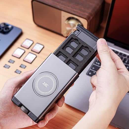 Multi SD Card Reader Case with High-Speed USB C 3.1 Gen 2 Cable & 24 Slots SD/TF Card Holder & Light/Type A/MicroUSB/OTG Adapter for Travel Phones Cameras PC Drones Data Transfer Plug and Play - Gray