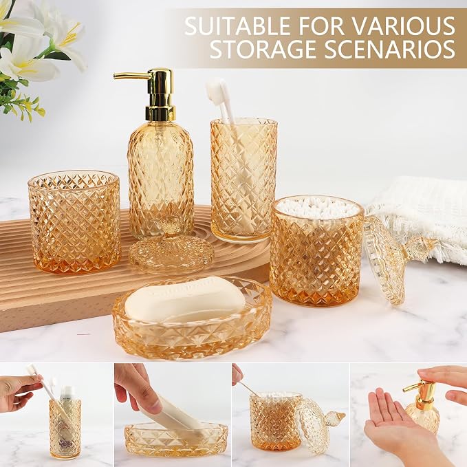 5Pcs Clear Gold Bathroom Accessories Set,Glass Bathroom Accessory Set, Bathroom Counter Sink Toothbrush Holder Set Includes 13.5oz Hand/Lotion Soap Dispenser & Tumbler & Soap Dish & Qtip Holders