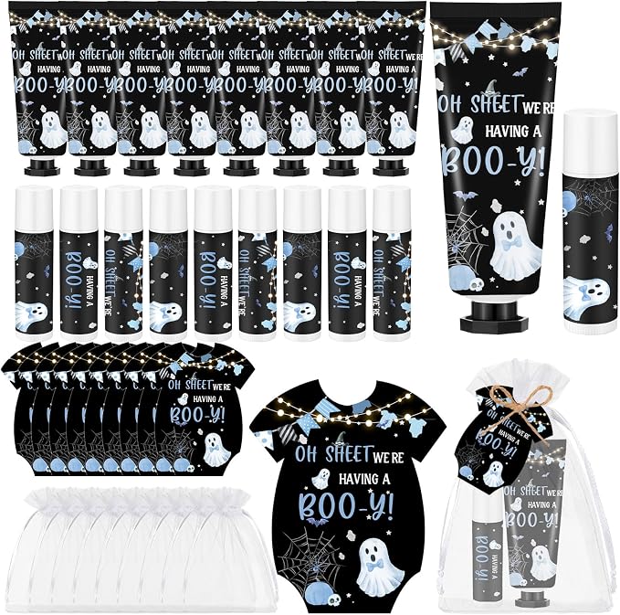 Batiyeer 25 Sets/100 Pcs Halloween Baby Shower Favors Oh Sheet We're Having a Boo-y Travel Size Hand Cream and Lip Balm Sets for Pregnancy Celebration Gender Reveal Party Supplies