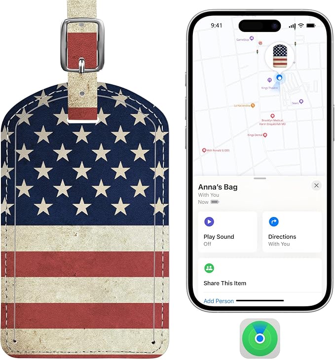 Luggage Tag Built-in Anti-Loss Tracker & Luxury Leather(US Flag) | for Suitcase, Travel Bags, Backpacks, Travel Organizer for Lost Baggage Prevention