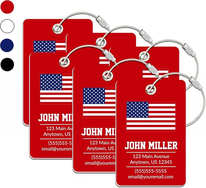 Personalized Luggage Tag with American Flag | 6 Pack | Custom Luggage Tags for Suitcases | Kids Backpack Tag | 4 Color Options & Choose Font, Font Color