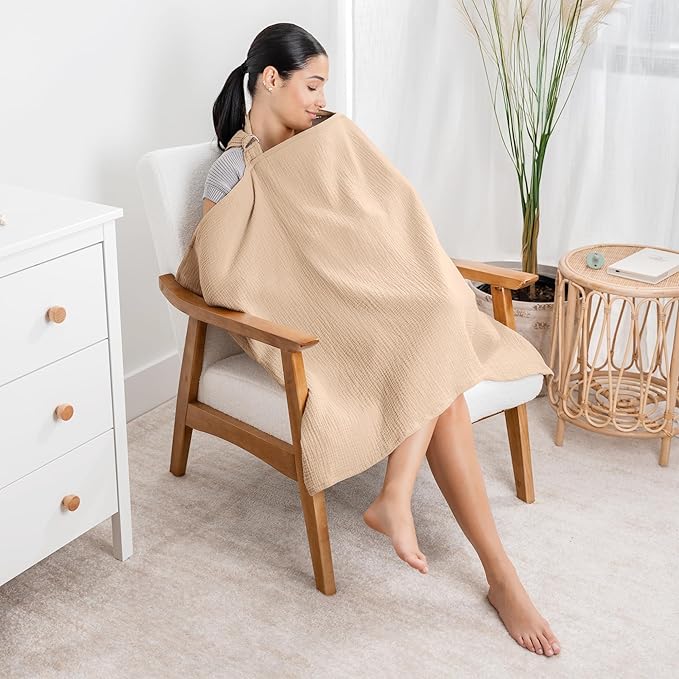 Comfy Cubs Muslin Nursing Cover, Pack of 1, 100% Muslin Breastfeeding Cover - Soft & Breathable Baby Nursing Scarf with Adjustable Neck Strap - Portable, Lightweight & Privacy Coverage - Cream