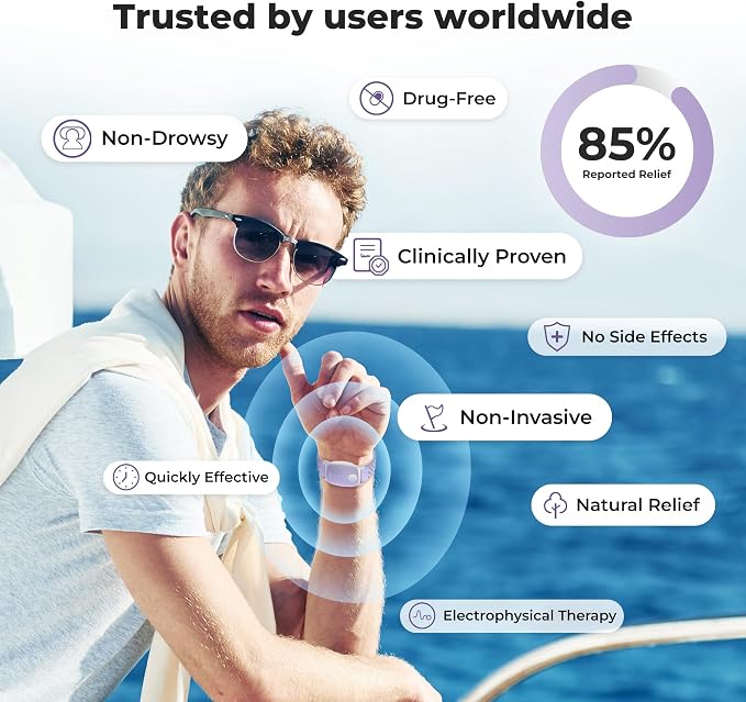 EmeTerm Explore Active FDA-Cleared Anti-Nausea Wristband Nickel-Free 5m Dive Ready Motion Sickness Relief Band Non-drowsy Drug-Free Fluoroelastomer Strap for Salt-Water Resistance (Glacier Purple)