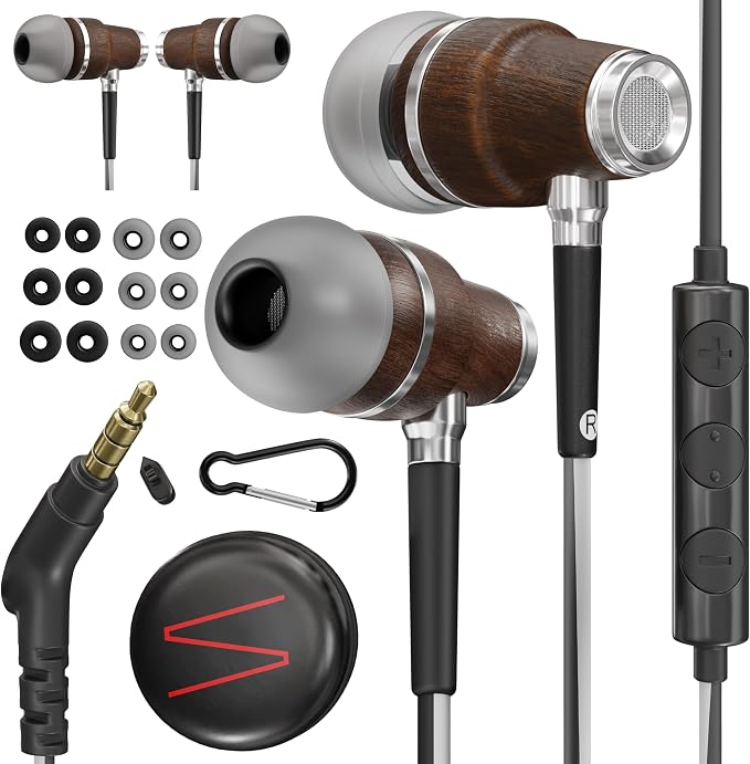 Symphonized Wired Earbuds 3.5mm Jack – Wooden Earphones with Mic & Volume Control, Plug In Ear Headphones Wire, Corded Ear Buds Wired Earbuds with Microphone for Computer, Laptop & Phone with Aux Cord