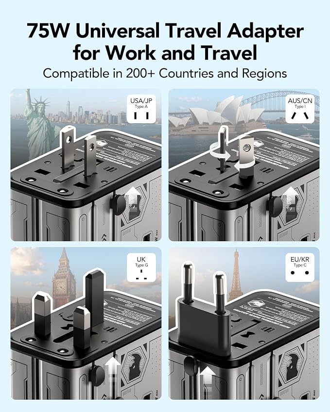 Mfish 75W Universal Travel Adapter with Retractable USB-C Cable, 3 USB-C & 1 USB-A, 1 AC Outlet, International Wall Charger for MacBook, iPhone, iPad, EU/UK/US/AUS, Type A/I/G/C, Grey