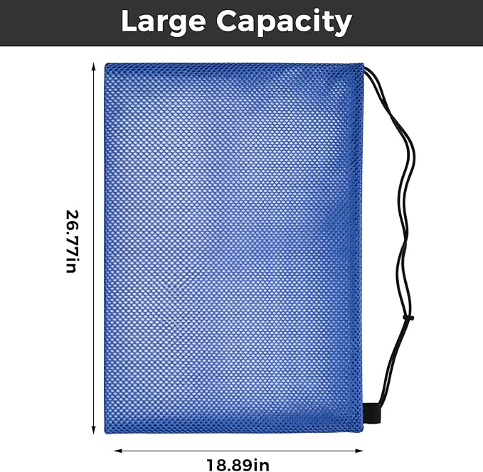 4Pcs Mesh Gear Bag for Snorkel, 19" x 27" Large Mesh Swim Bag, Polyester Dive Bag, Drawstring Snorkel Backpack for Snorkeling Trip, Wetsuits, Swimming Gear, Beach and Sports Equipment (Black & Blue)