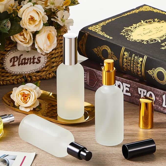 Roshtia 30 Pcs Glass Spray Bottle Clear Empty Bottles Small Refillable Reusable Perfume Bottle with Fine Mist Sprayer Pump for Face Body Travel(3.4 oz,Black,Gold,Silver)