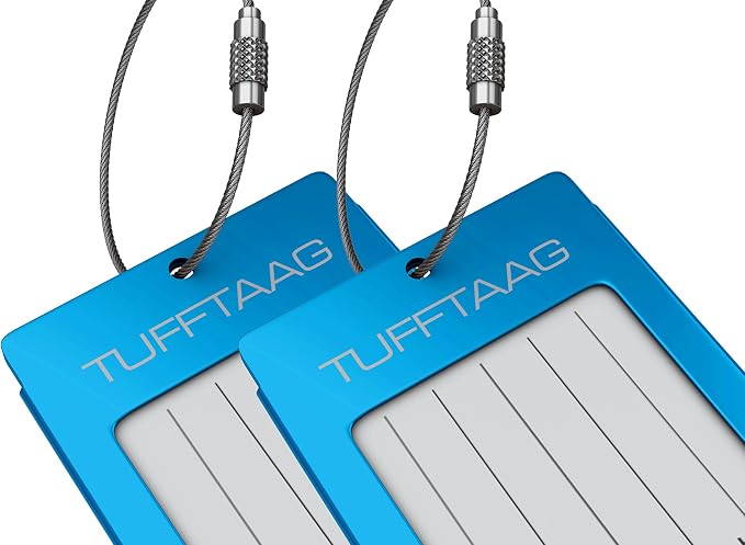Luggage Tags Business Card Holder by TUFFTAAG - Durable Travel ID Bag Tag, Blue Azure, 2 Tags