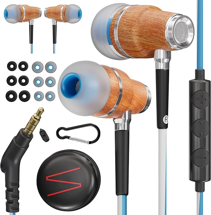 Symphonized Wired Earbuds 3.5mm Jack – Wooden Earphones with Mic & Volume Control, Plug In Ear Headphones Wire, Corded Ear Buds Wired Earbuds with Microphone for Computer, Laptop & Phone with Aux Cord