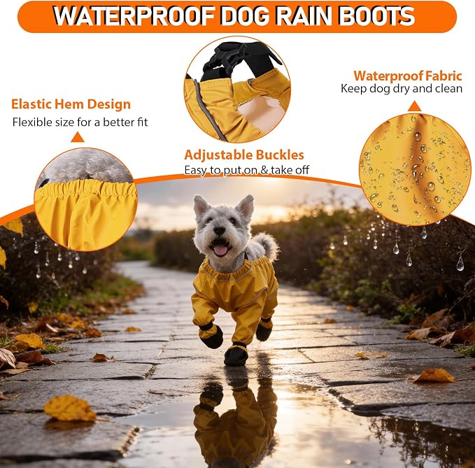 Waterproof Dog Boots Rain Boots with Suspender, Dogs Shoes Paw Protector for Small Medium Puppy, Anti-Slip Doggy Boot Belly Protector, Rain Booties Snow Booties Suspender Leggings(Medium, Multicolorf)