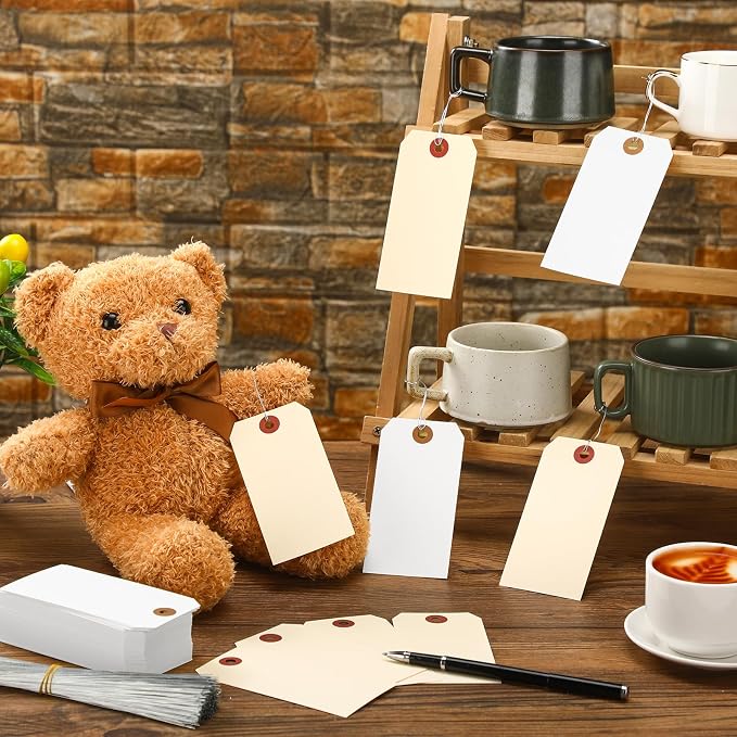 Sayglossy 1000 Pcs Blank Manila Shipping Tags with Wire 4 3/4" x 2 3/8" White Yellow Paper Hang Luggage Price Asset Gift Label Tags