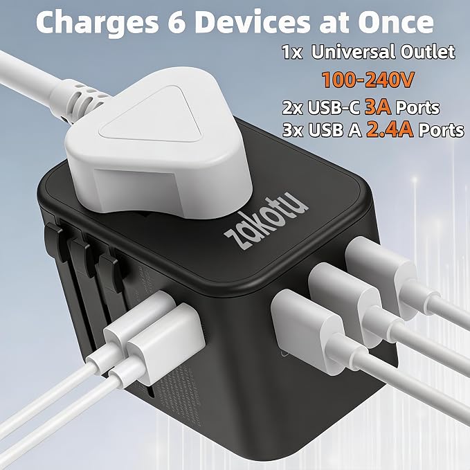 Universal Travel Adapter, 35.5W 5-in-1 Worldwide Power Adapter with PD Fast Charge USB C, 5 Port Compact Charging Hub with AC Outlet for All USB Devices, 110V-230V for 200+ Countries (US/UK/EU/AU)