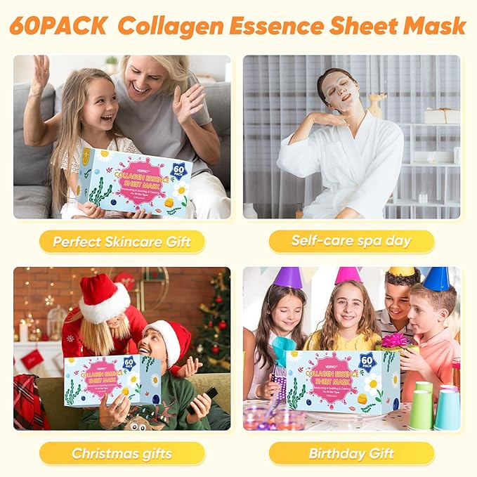 60 Pack Bulk Collagen Facial Masks, moisturizing & Hydrating Face Masks for Women, Skincare for All Skin Types, Bulk Sheet Mask Skin Care Gifts, Sleepover Party for Teen Girls(12 Types x 5 Pcs)