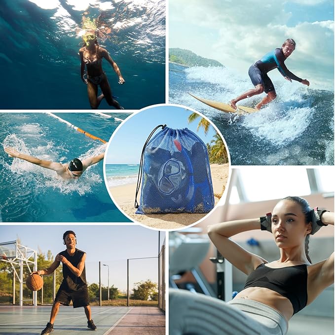 4Pcs Mesh Gear Bag for Snorkel, 19" x 27" Large Mesh Swim Bag, Polyester Dive Bag, Drawstring Snorkel Backpack for Snorkeling Trip, Wetsuits, Swimming Gear, Beach and Sports Equipment (Black & Blue)