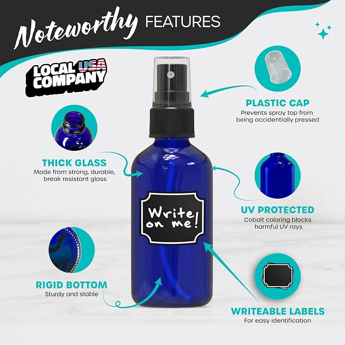 Nevlers Small Glass Spray Bottles 4 Oz 48 Pack Mini Spray Bottle for Oil | Cobalt Blue Bottle Set w/ Labels, Marker, Brush, Funnel & Shrink Wrap | Practical Plant Spritzer & Glass Cleaning Bottles