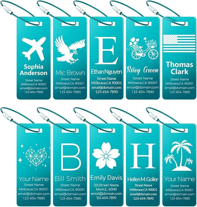 10 Personalized Metal Luggage Tags, Custom Suitcase Aluminum Name Tags with Steel Ring, Laser Engraved Name and Logo, for Travel, Backpack, Baggage, Golf Bag (Lake Blue)