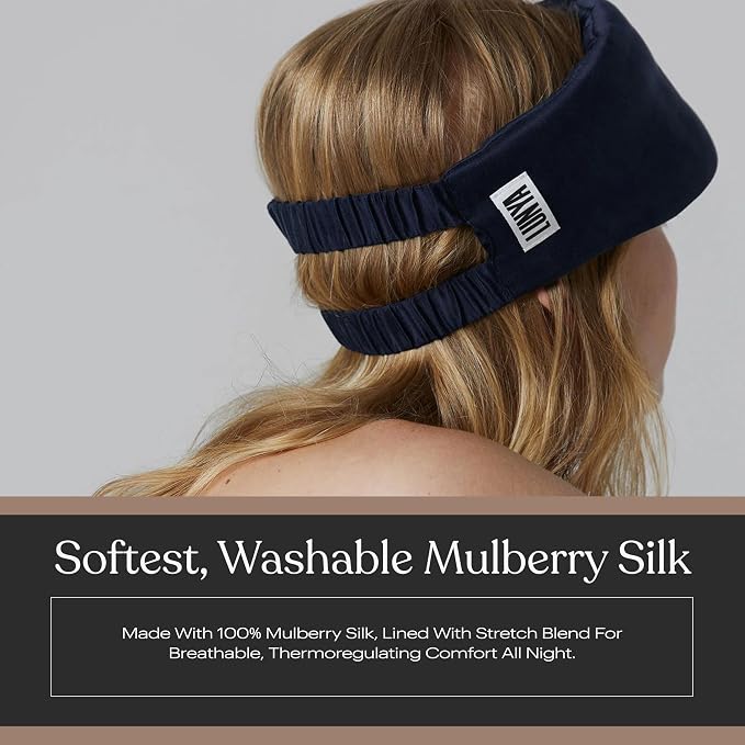 Lunya Weighted Silk Sleep Mask – Mulberry Silk Eye Cover with Cooling Glass Beads, Noise-Reducing Fit, Washable Fabric, and Travel Pouch – Sleeping Mask for Men and Women - Deep Blue - Small