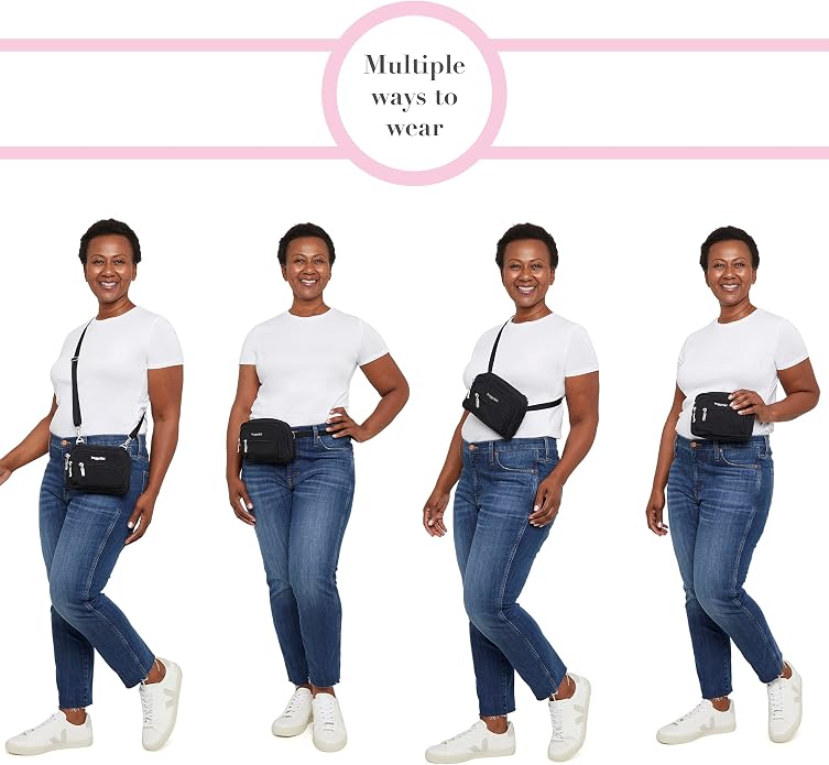 Baggallini Triple Zip Small Crossbody Bag for Women - Lightweight Convertible Fanny Pack Belt Bag