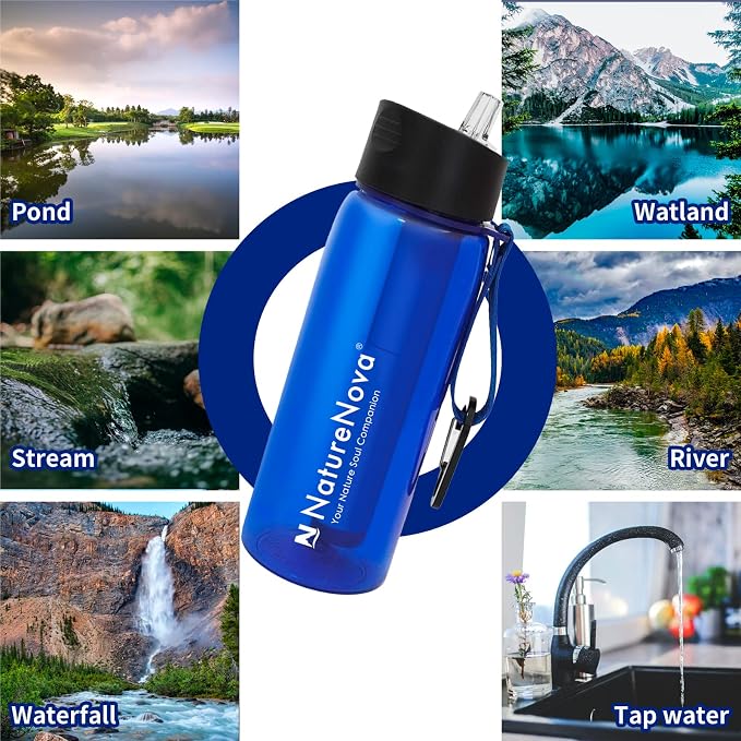 Water Filter Bottle with 4-Stage Integrated Filter Straw BPA Free for Camping, Hiking, Backpacking, Emergency and Travel, Black 650ml