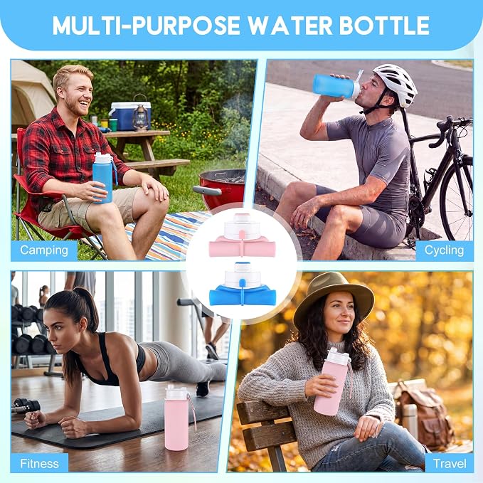 LemonRoad 2 Pcs 19 oz Silicone Collapsible Water Bottle Portable Foldable Water Bottle Leakproof with Carabiner Reusable Lightweight for Travel Sport Hiking Camping Cycling Office(Pink Blue)