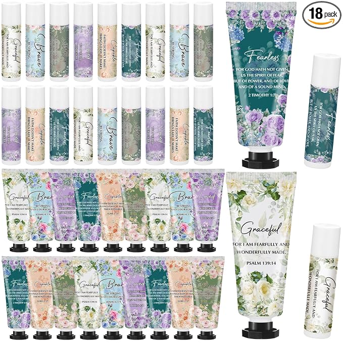 Loopeer 18 Sets Graduation Christian Hand Cream and Lip Balm Gift Set Christian Gift Bulk for Women Mothers Day Gifts for Church Travel Size Hand Lotion Bible Verse Lip Balm Bulk for Bridal Mom