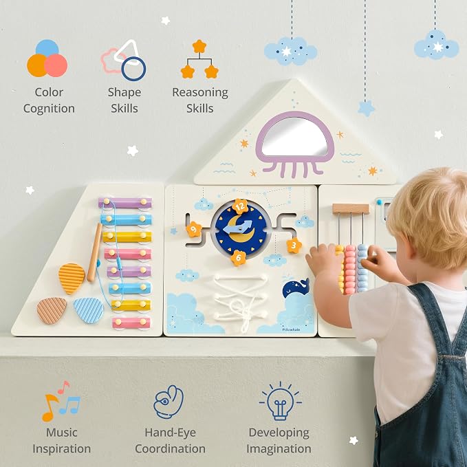 Pillowhale Tangram Activity Wall Busy Board Panels | 12-in-1 Learning Activity Center, Wooden Montessori Sensory Toys for Toddler Playroom, Nursery, Daycare, Classroom