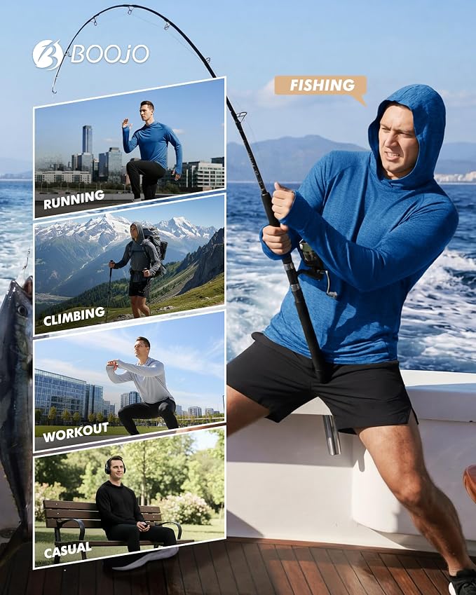 BOOJO 4 Pack Sun Hoodie for Men - UV UPF 50+ Fishing Shirts Long Sleeve Lightweight Tops for Athletic Running Gym Workout