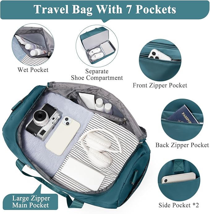 Large Travel Duffle Bag,Carry on Overnight Weekend Bag with Shoes Compartment,Weekender Bags for Women for Travel Business Trips Sport Hospital,Peacock Blue