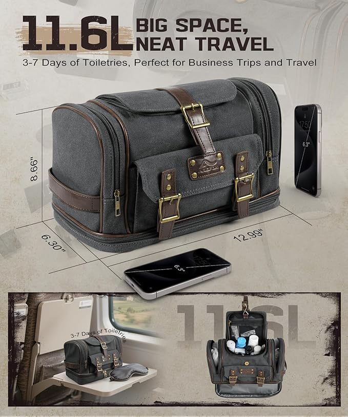 ARCFOX Travel Hanging Toiletry Bag for Men, Vintage Canvas Large Toiletry Bag with 7 Compartments, Camping Gym Travel Toiletry Kit Organizer with PVC Wet & Dry Pockets, Personalized Wash Bag, Black