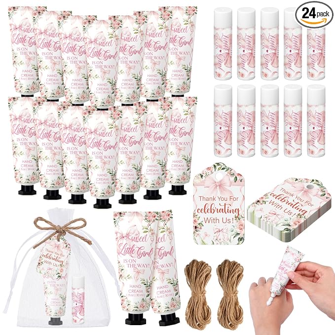 24 Sets Pink Bow Baby Shower Hand Cream and Lip Balm Gift, a Sweet Little Girl Is on The Way Baby Shower Favors, Pink Bow Party Favors for Guests Mini Hand Lotion and Lip Balm Coquette Party Supplies