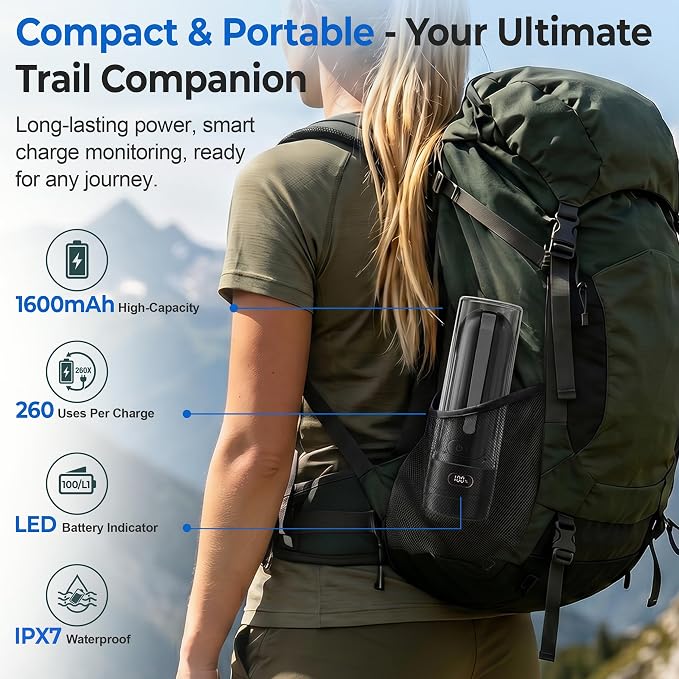 Electric Portable Bidet for Travel, Rechargeable for Women Postpartum, Period & Hygiene | 3 Pressure Modes, 260 Uses/Charge, IPX7 Waterproof, Foldable & Compact, Standard Bottle Fit, USB-C Charging, Black