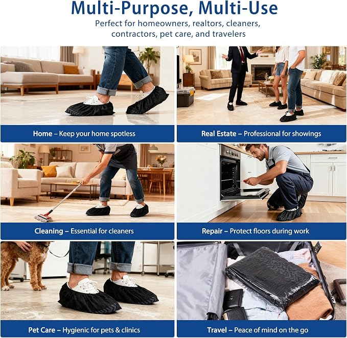 200 Pack XL Shoe Covers Disposable Non Slip - Heavy Duty Waterproof Shoe Covers & Booties for Shoes Covers - Durable Shoe Covers for Indoors Reusable Quality, Fits US Men’s Size 13 & Work Boots