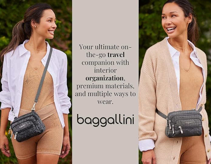 Baggallini Triple Zip Small Crossbody Bag for Women - Lightweight Convertible Fanny Pack Belt Bag
