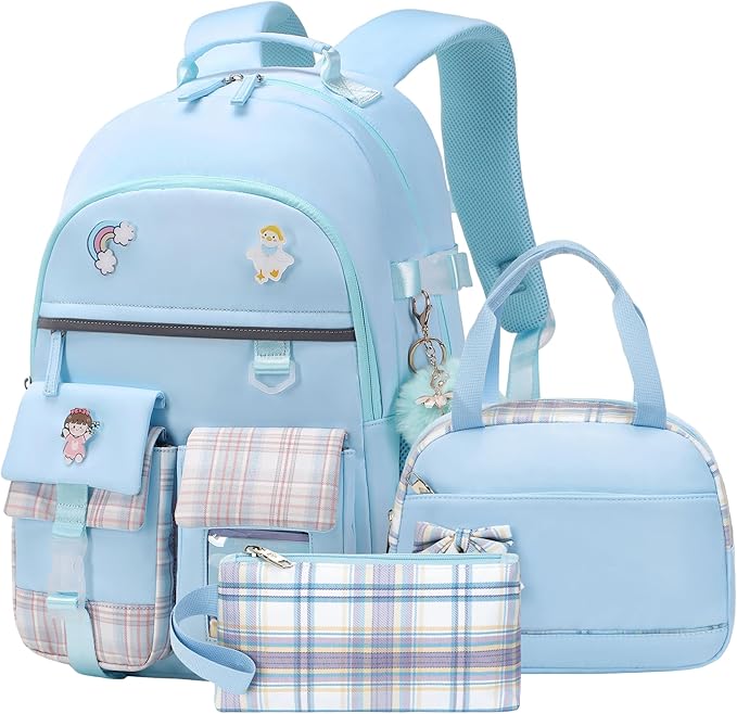 Backpack for Girls 15.6 Inch Laptop School Bag Kids Elementary College 3pcs Backpacks Lunch box Pencil Case Set Bookbags for Girls Teen Women Student Blue