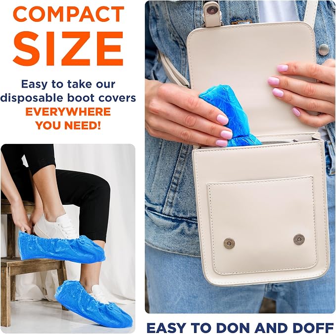 EZGOODZ Blue Disposable Shoe Covers for Indoors/Outdoors, 16 x 6 Inch. Pack of 100 (50 Pairs) Waterproof Disposable Boot Covers. Thick CPE Booties to Cover Shoes with Elastic Ankle Band