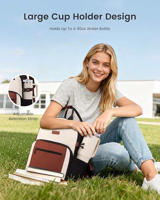 LOVEVOOK Laptop Backpack for Women - Stylish Work Backpack with Large Cup Holder, Waterproof College Teacher Backpack, Beige-Brown, 15.6Inch