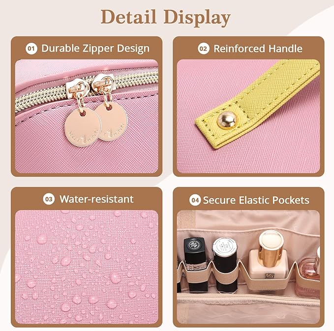 Travel Makeup Bag for Women: 3-in-1 Large Capacity Cosmetics Organizer with 2 Detachable Pouch - Vegan Leather Flat Open Toiletry Bag - Travel Essentials for Full-Sized Bottles(02-Pink)