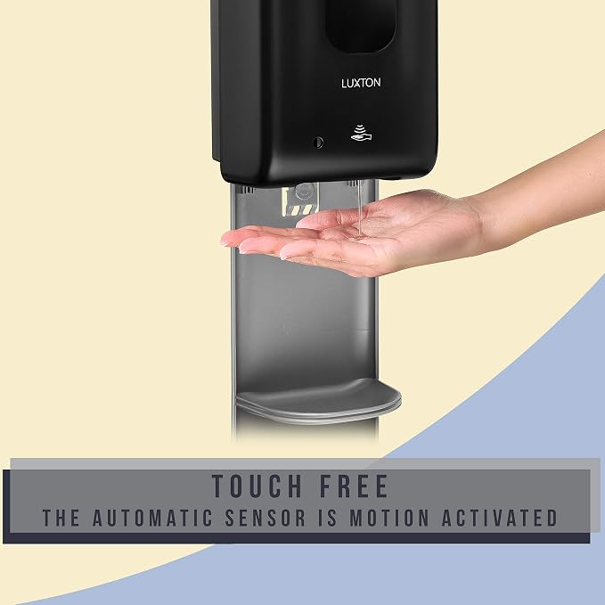 Luxton Automatic Hand Sanitizer Dispenser - Sanitizing Station, Steel Floor Stand, Drip Catcher Dish - Touchless Auto Sensor, Refillable 1200ml Bottle - Portable, Easy Set Up, Battery-Operated Machine