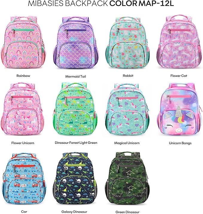 mibasies Girls Backpack 5-8: Lightweight Kids Backpacks for Girls - Girl Bookbag for Elementary School - Dinosaur Forest Light Green