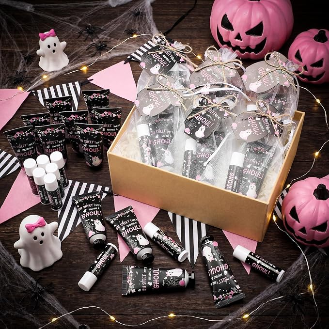 Batiyeer 25 Sets/100 Pcs Halloween Baby Shower Party Favors Bulk We're Having a Ghoul Travel Size Hand Cream and Lip Balm Sets for Halloween Gender Reveal Party Supplies, with Cards Organza Bags