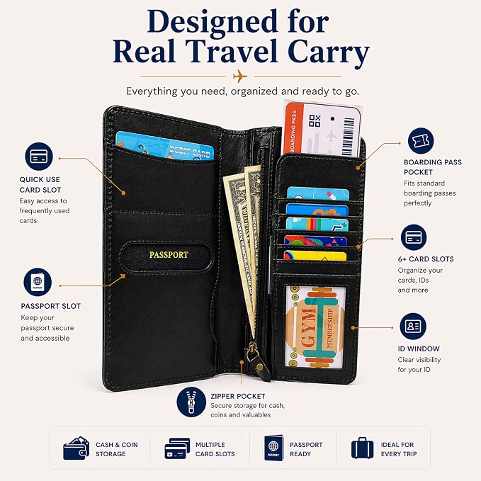 Black Leather Long Passport Wallet - Travel Document Organizer with Card Slots ID Window Zipper Pocket Slim Passport Holder for Travel & Everyday Use, 5 x 9