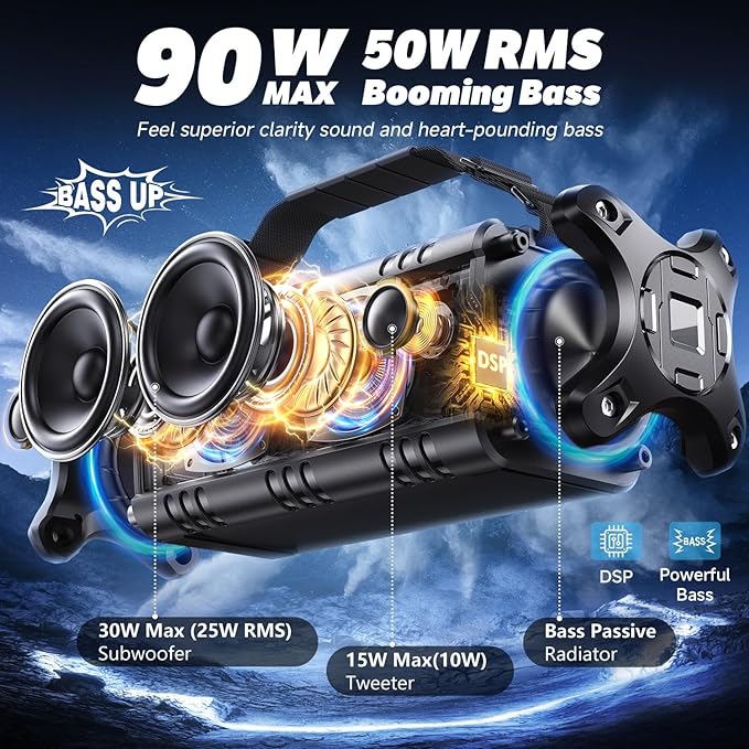 W-KING Bluetooth Speaker, 90W Max Loud IPX6 Waterproof Portable Speaker, 50W Deep Bass/Subwoofer *2/40H/EQ/TF/AUX, 105dB Large Boombox Outdoor Speakers Bluetooth Wireless for Party/Camping/Jobsite