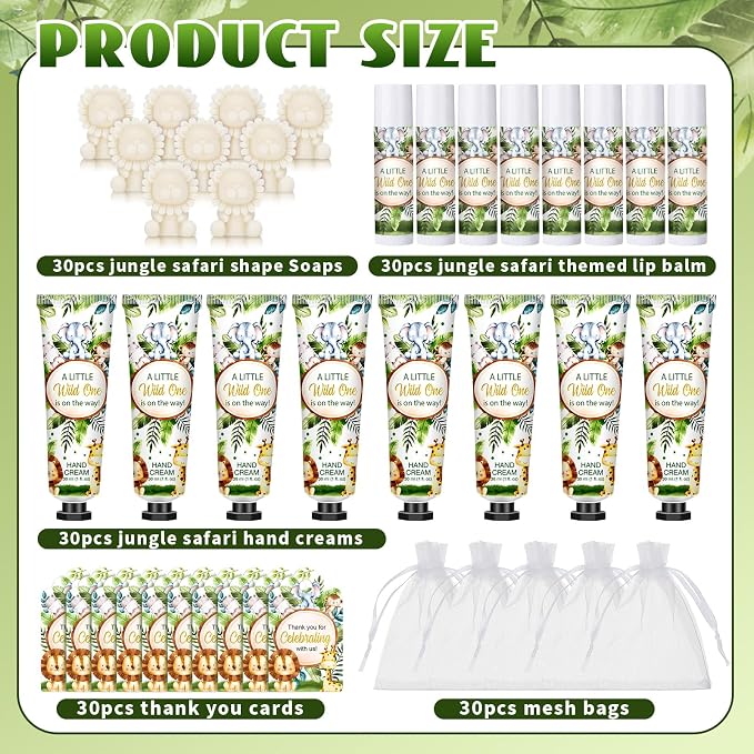 Loopeer 30 Set/150 Pcs Jungle Safari Baby Shower Favors for Guests Gifts Hand Cream Lip Balm Soap Party Favors Travel Size with Bags, Thanks You Card for Games Prizes Souvenirs