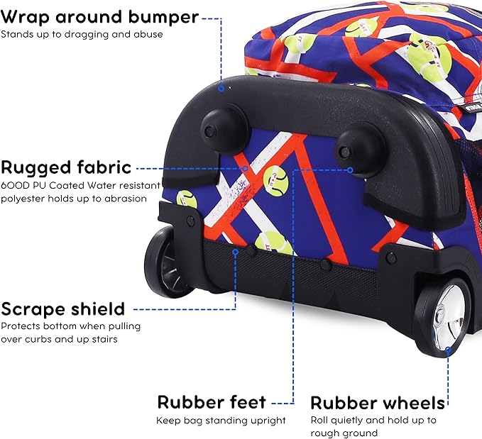 J World Sunrise Kids Rolling Backpack for Girls Boys. Roller Bookbag With Wheels For School, Tennisy