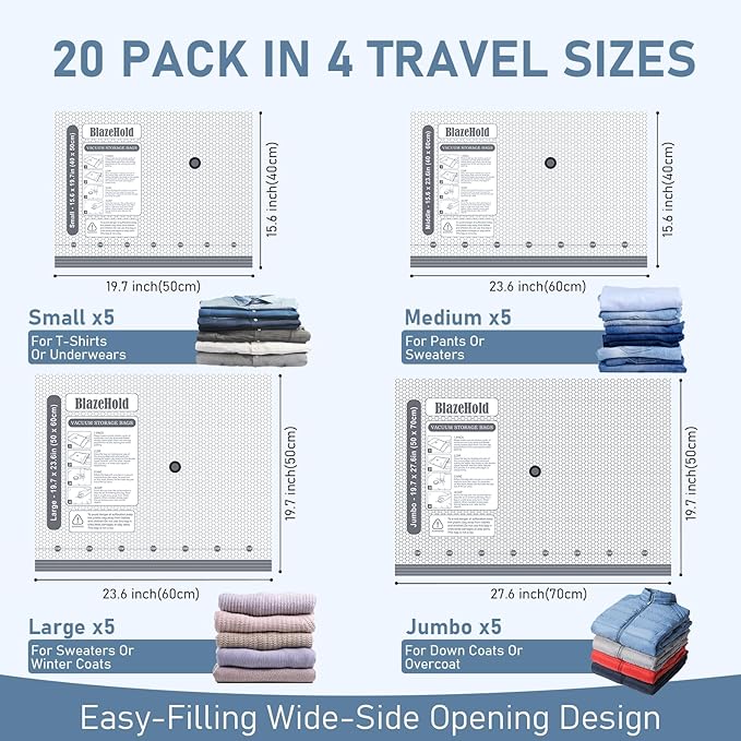 Travel Vacuum Storage Bags with Rechargeable Cordless Pump, 20 Pack 4 Sizes Compression Packing Bag Set for Luggage, Thickened Vacuum Seal Bags for Clothing, Triple-Zipper Sealer Upgrade