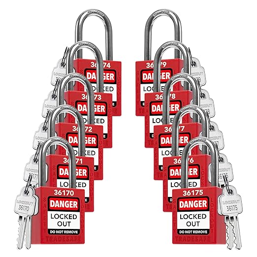 TRADESAFE Lockout Tagout Locks Set - 10 Red Loto Locks, Lockout Locks Keyed Different, 2 Keys Per Lock, OSHA Compliant Lock Out Tag Out Padlocks, Safety Padlocks for Electrical Lockout Tag Out Kits