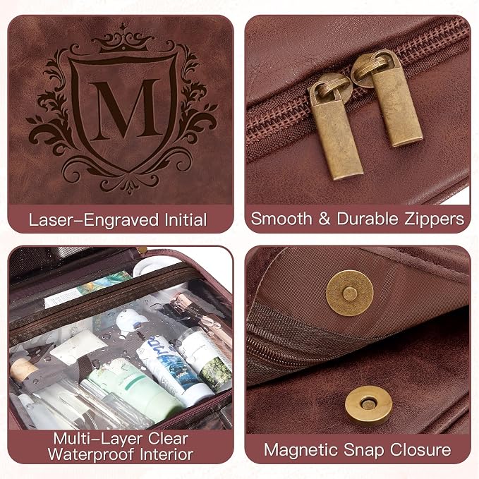Personalized Gifts 3-in-1 Hanging Travel Toiletry Bag for Men, Laser-Engraved Initial Waterproof PU Leather Shaving Bag Valentines Easter Birthday Gifts for Men Dad Husband Son Reddish Brown P