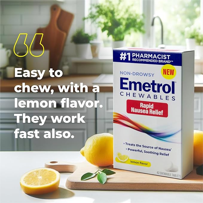 Emetrol Non-Drowsy Nausea Relief - Chewable Medicine for Upset Stomach - Pharmacist Recommended Nausea Relief - Lemon Flavor, 42 Tablets
