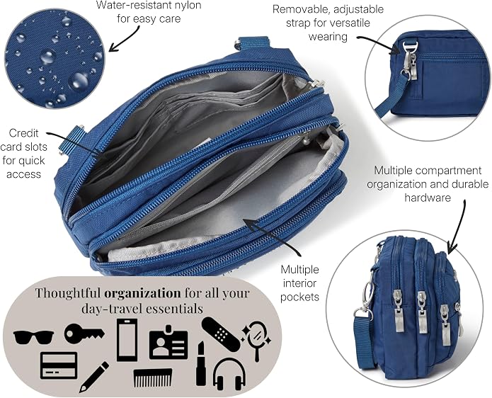 Baggallini Triple Zip Small Crossbody Bag for Women - Lightweight Convertible Fanny Pack Belt Bag